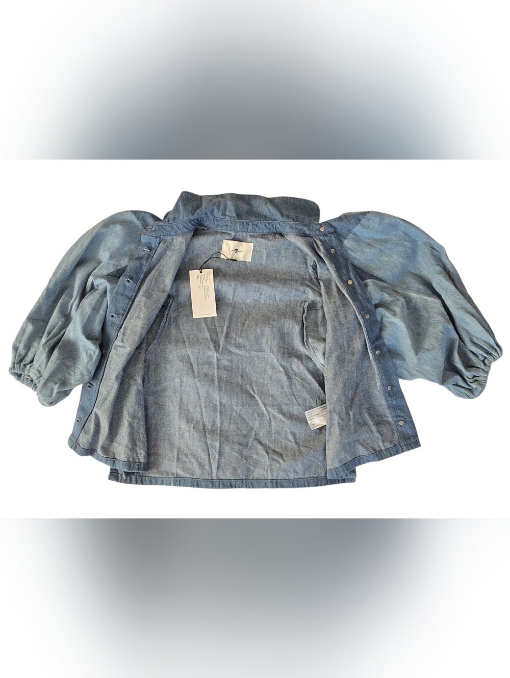 NWT 7 For All Mankind Balloon Star Sleeve Crop Denim Shirt Patchwork S - Picture 8 of 15